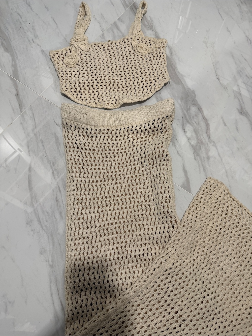 JLUXLABEL Beige Crochet top and skirt SET